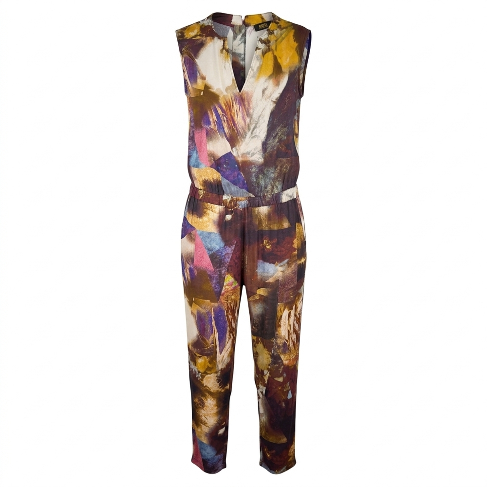 Diesel multicolor abstract print sleeveless jumpsuit with V neckline, elastic wa